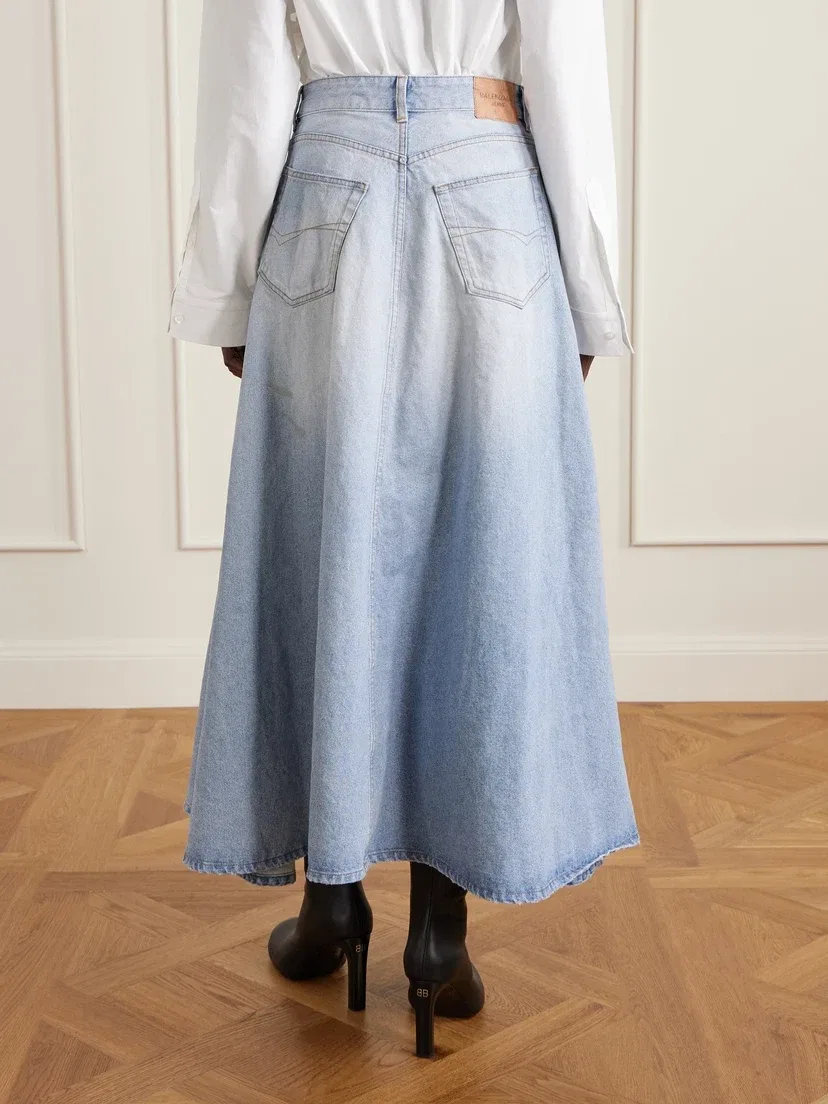 Джинсовая юбка-макси со вставками Годе BALENCIAGA, голубой — фото 4