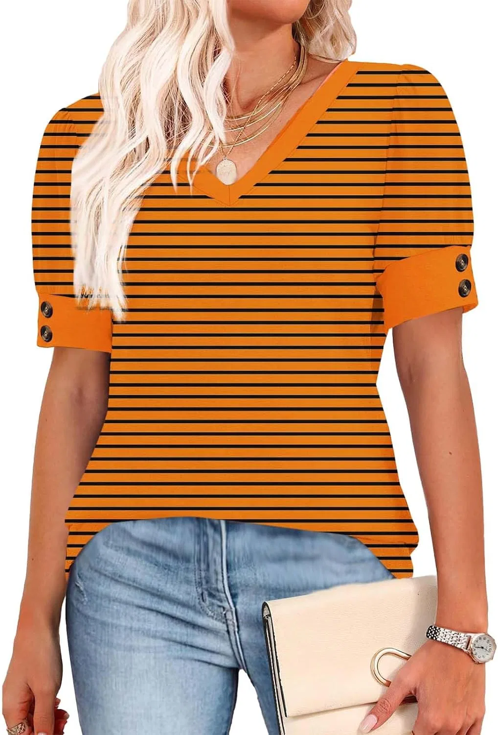 Футболка с v-образным вырезом, оверсайз, полосатая, Orange — фото 3