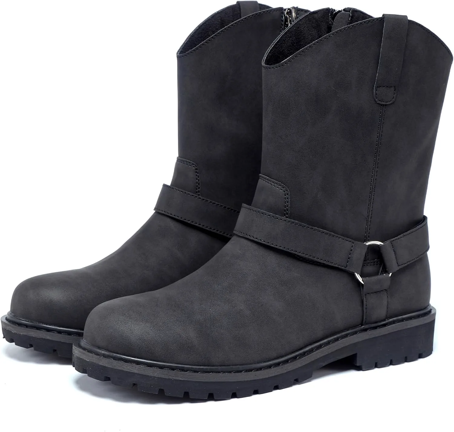 

Мужские классические ретро мотоциклетные кожаные ботинки с боковой молнией, черные водонепроницаемые ботинки на низком каблуке, ковбойские ботинки для широких голеней, походные и охотничьи ботинки WURMIUHD, черный