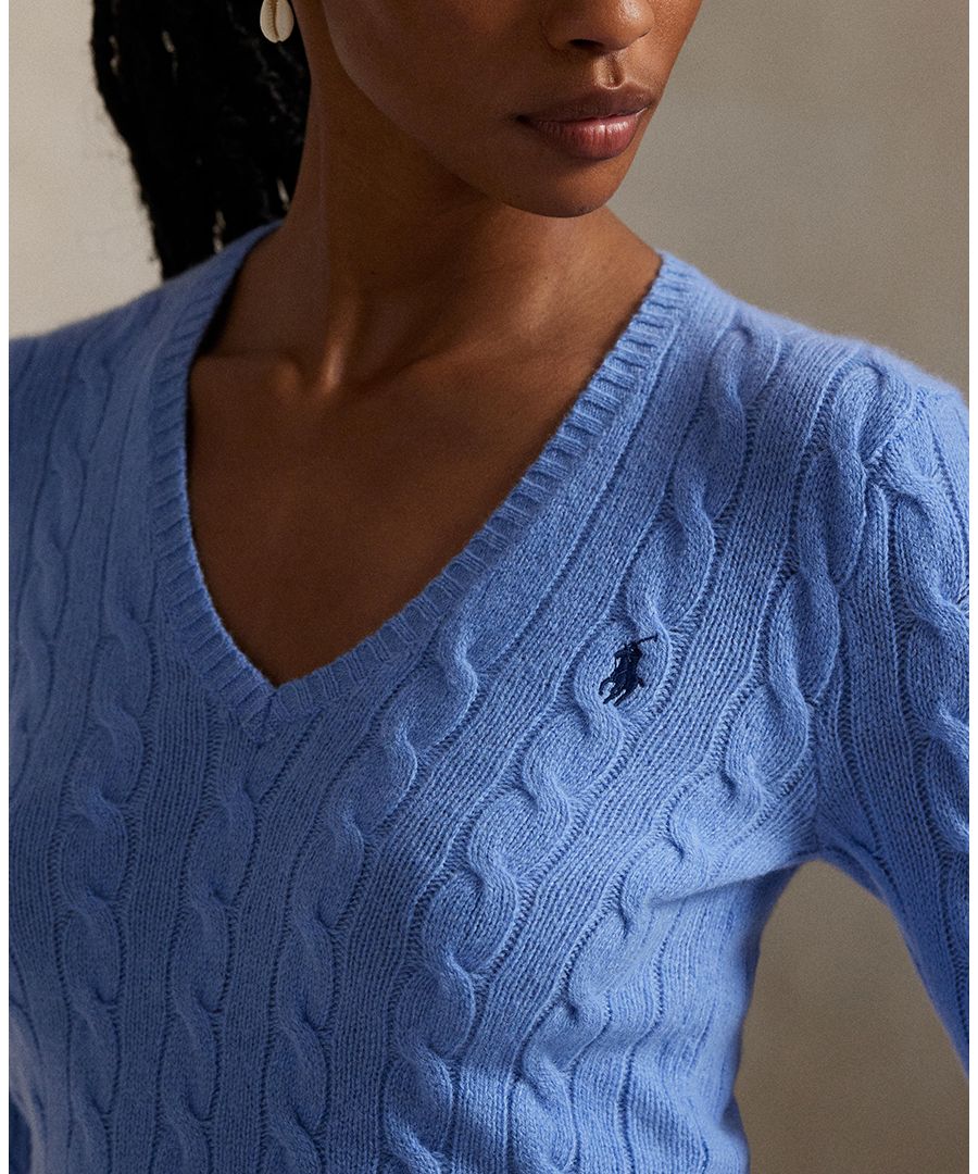 Женский свитер с V-образным вырезом из шерсти и кашемира с косами Polo Ralph Lauren, New Litchfield Blue — фото 4