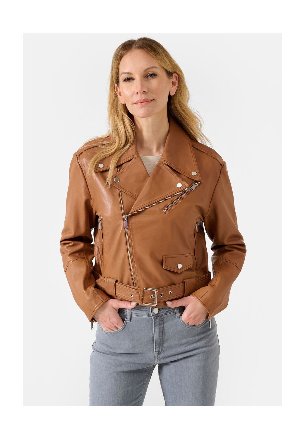 

Кожаная женская куртка Hera Oversized - косуха с поясом и воротником с лацканами RICANO, цвет Cognac