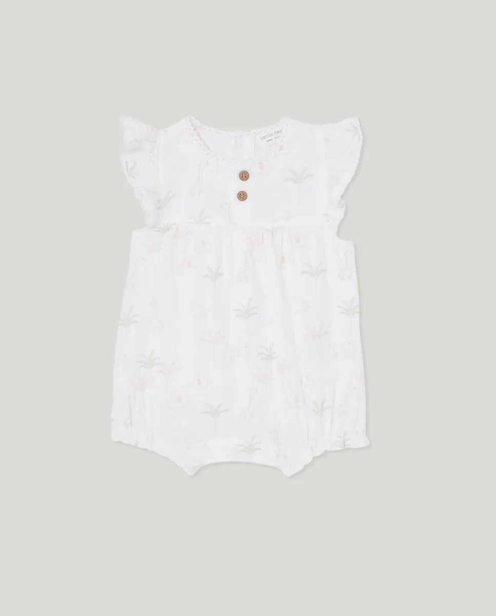 

Короткий комбинезон для девочки с анималистичным принтом Cotton Juice, белый