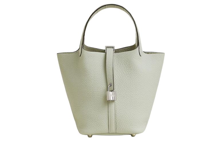 

HERMES Picotin Lock Clemence Bullock Leather With Crocodile Leather Basket Bag, ведро, женская сумка Snow Gray