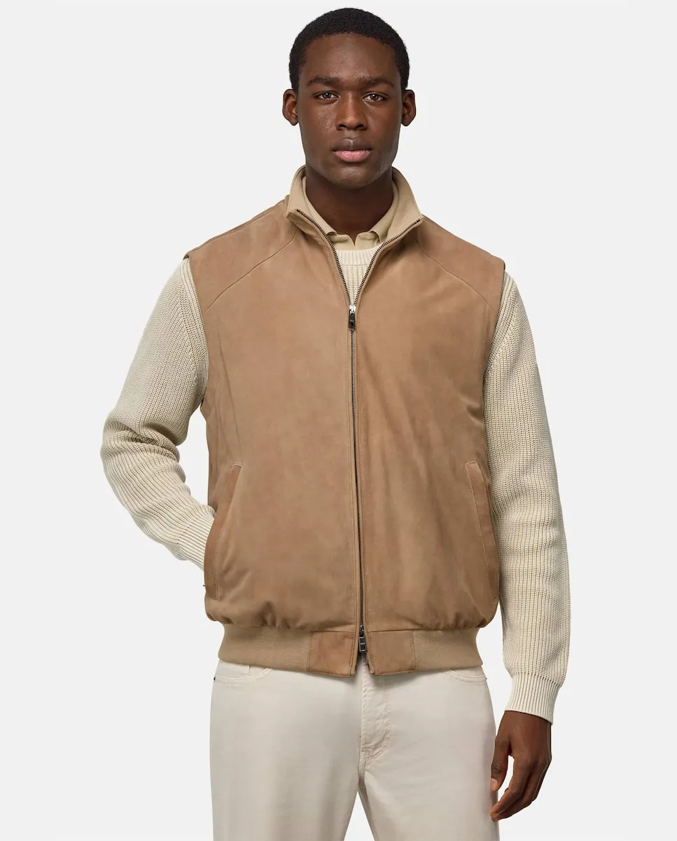 

Мужской кожаный жилет с высоким воротником бежевого цвета Boggi Milano, светло-коричневый