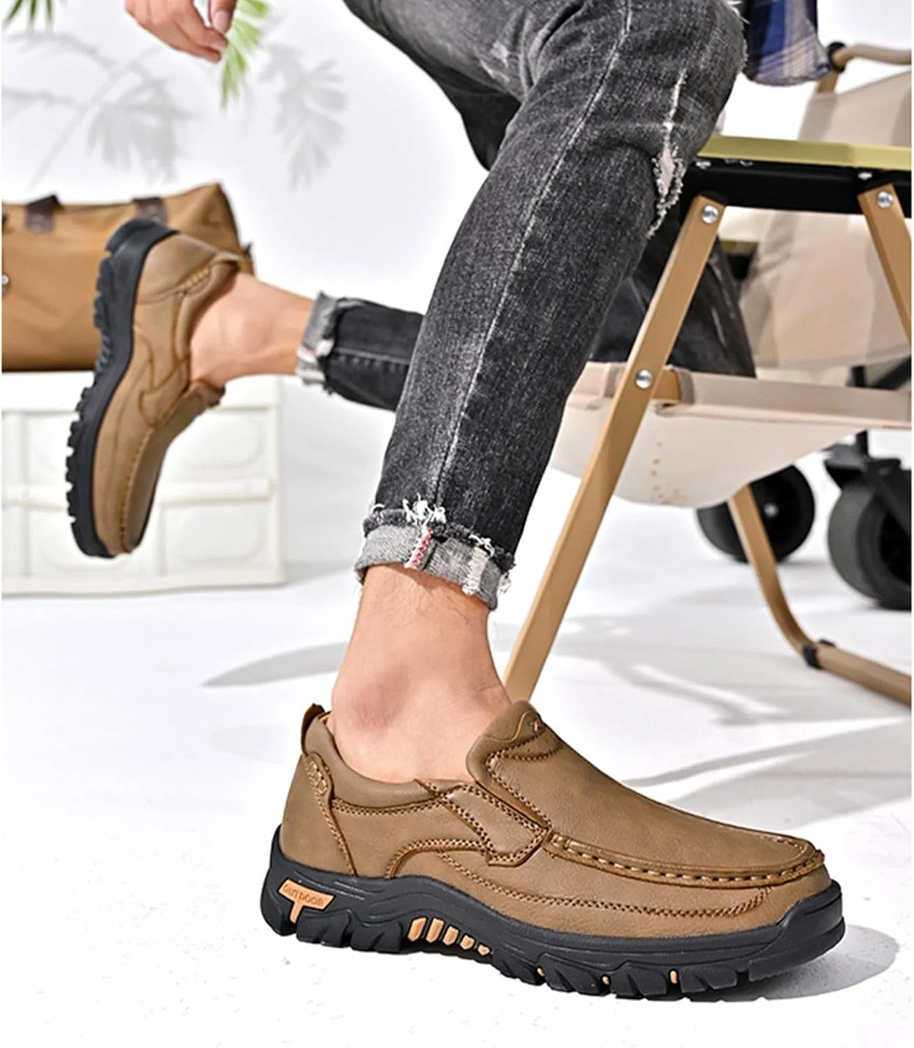 Лоферы кожаные платформа, Khaki Crepuscute — фото 2