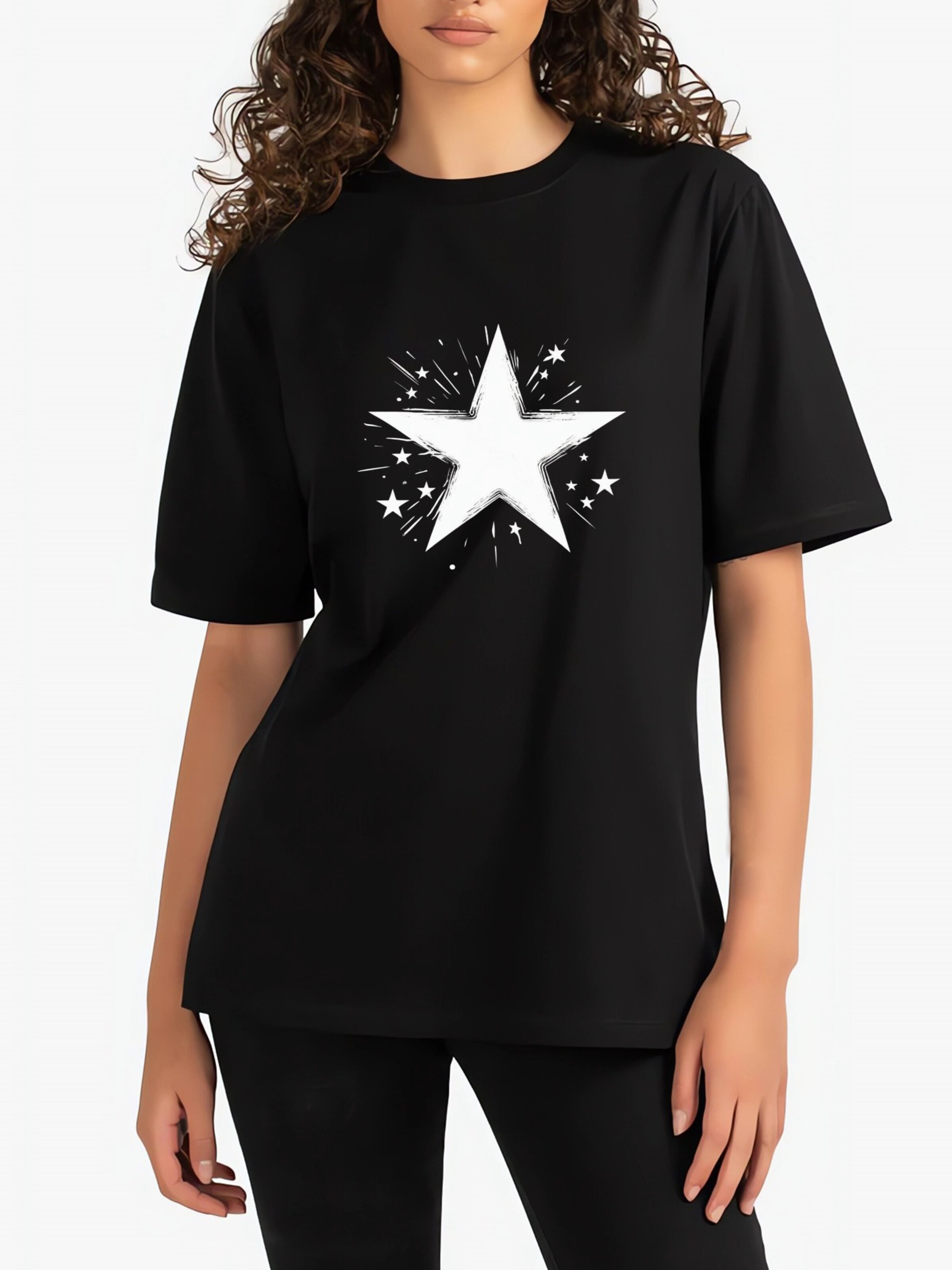 

GORHEY Футболка женская с круглым вырезом, повседневная, хлопковая, с принтом в виде граффити-звезды, черная