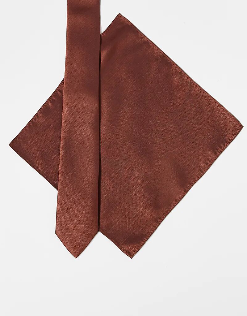 

Атласный галстук и нагрудный платок ASOS DESIGN коричневого цвета