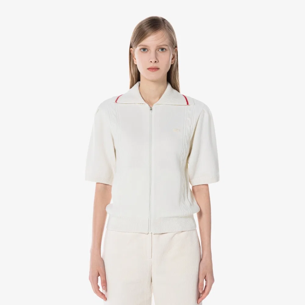 Кардиган Lacoste вязаный короткий на молнии, шерстяной, молочно-белый