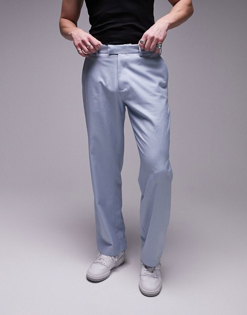 

Голубые широкие брюки из смесового льна Topman