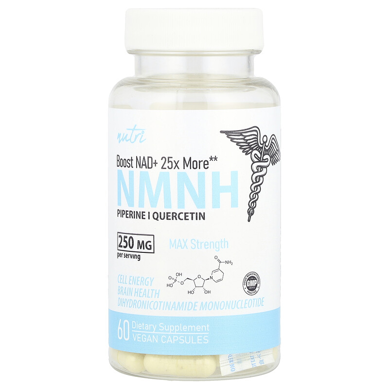 

Nutri, NMNH, максимальная эффективность, 250 мг, 60 веганских капсул (125 мг на капсулу)