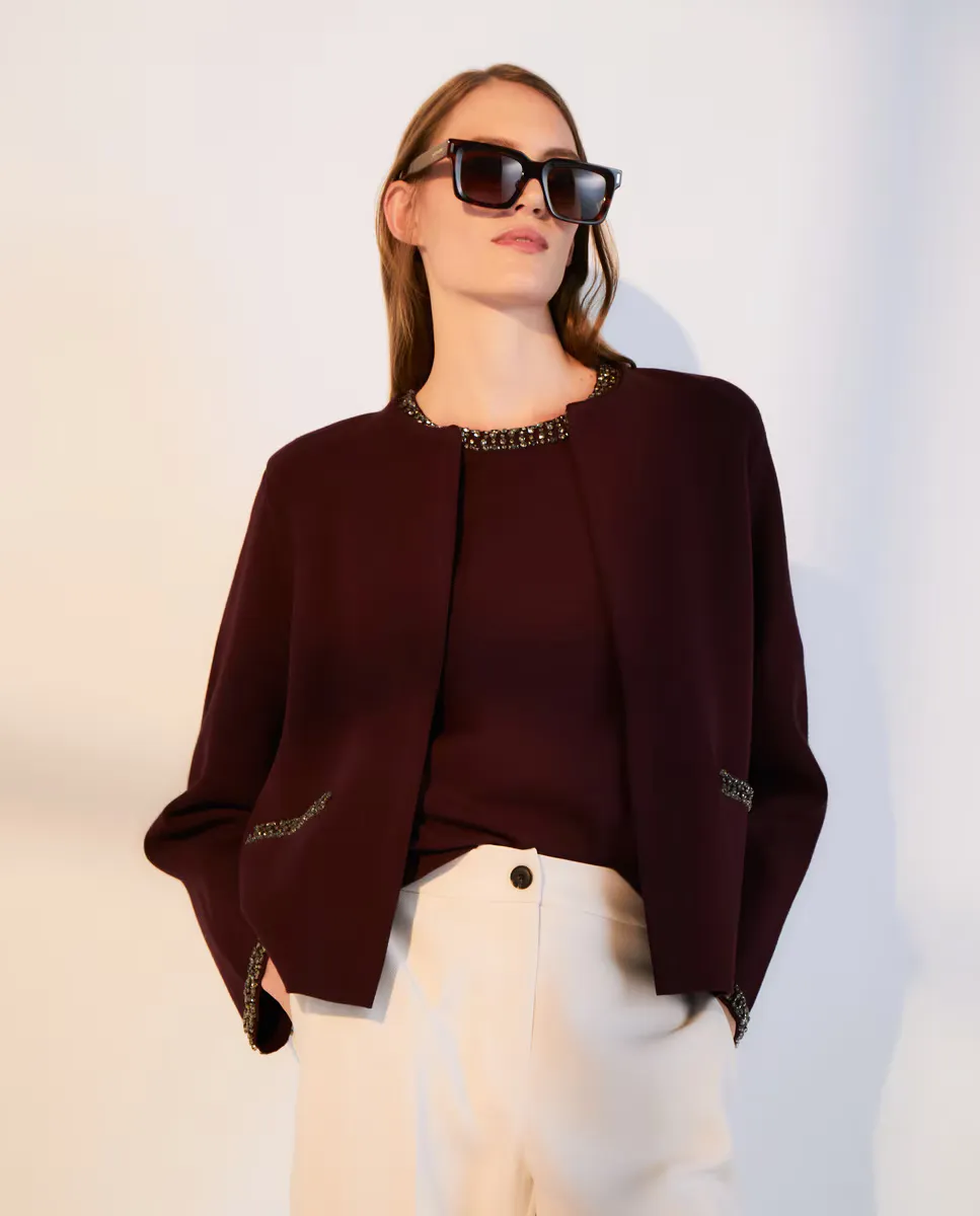 

Короткий женский вязаный жакет с круглым вырезом Woman El Corte Inglés, цвет 291 Berenjena
