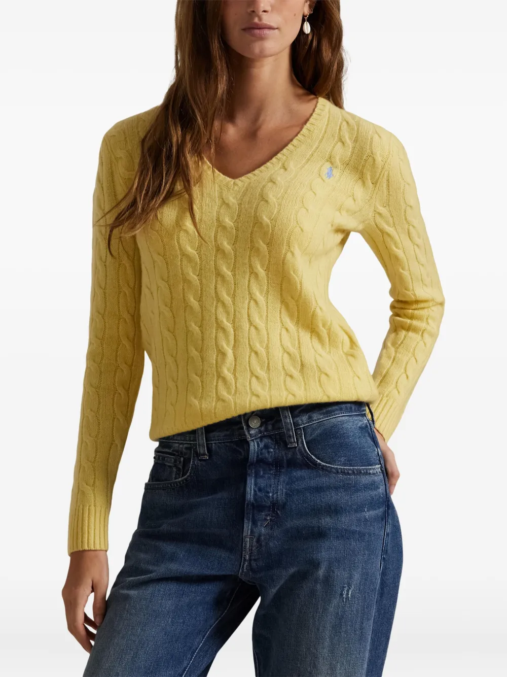 Свитер фактурной вязки с V-образным вырезом POLO RALPH LAUREN, желтый — фото 3