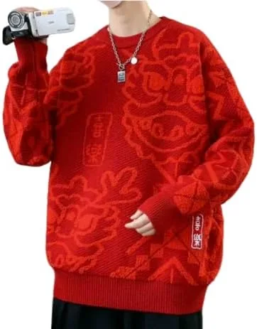 

Мужской утепленный вязаный свитер, красный джерси с круглым вырезом, длинный рукав Yunify