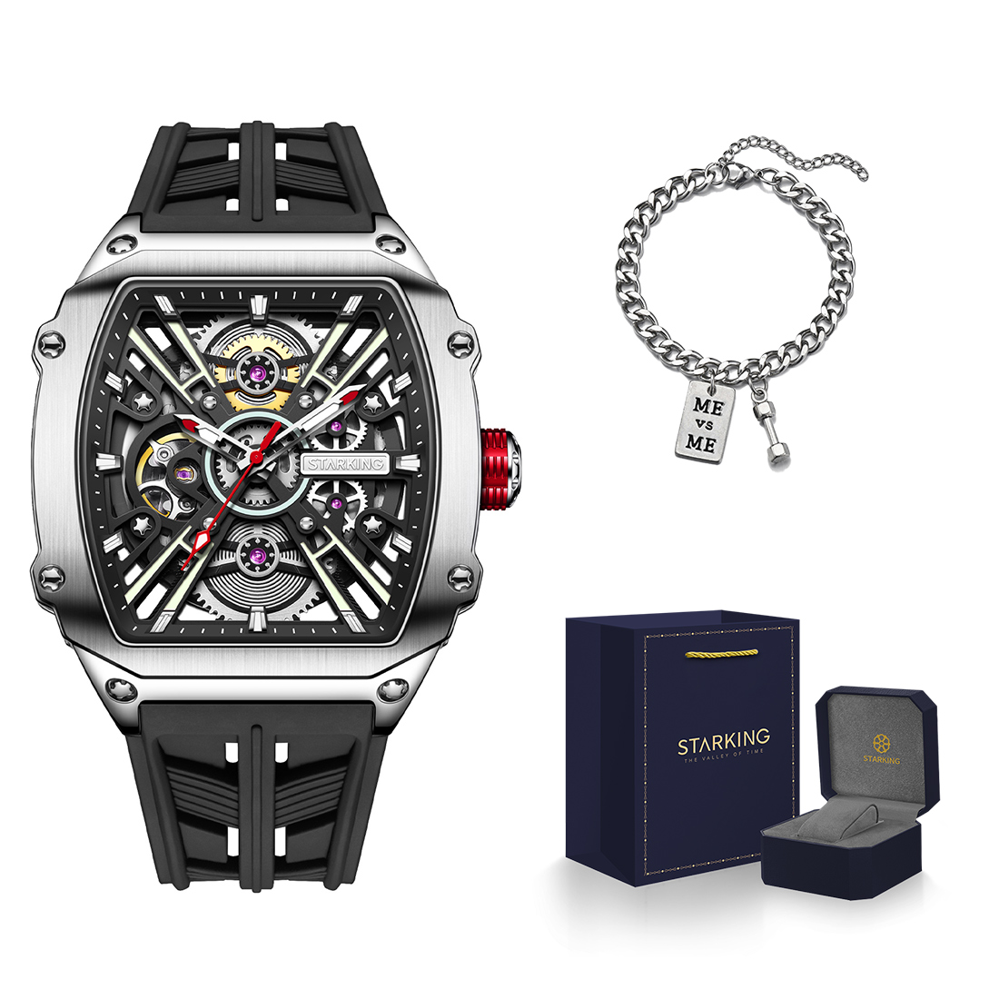 

STARKING Часы Steel Core Collection Mechanical Movement Silicone Strap Watch Men's Watch Black Dial