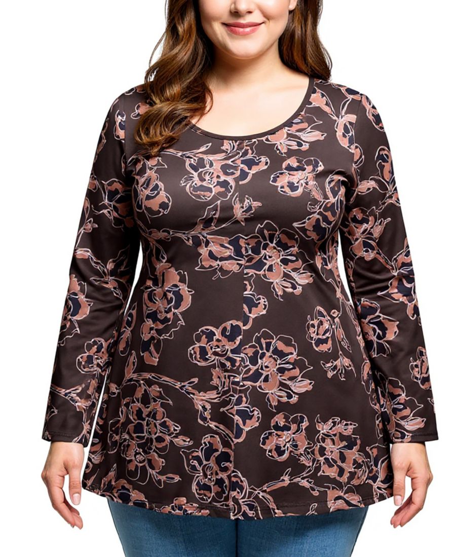 

Туника с длинными рукавами коричневого цвета с цветочным принтом, больших размеров 24seven Comfort Apparel, Brown Multi