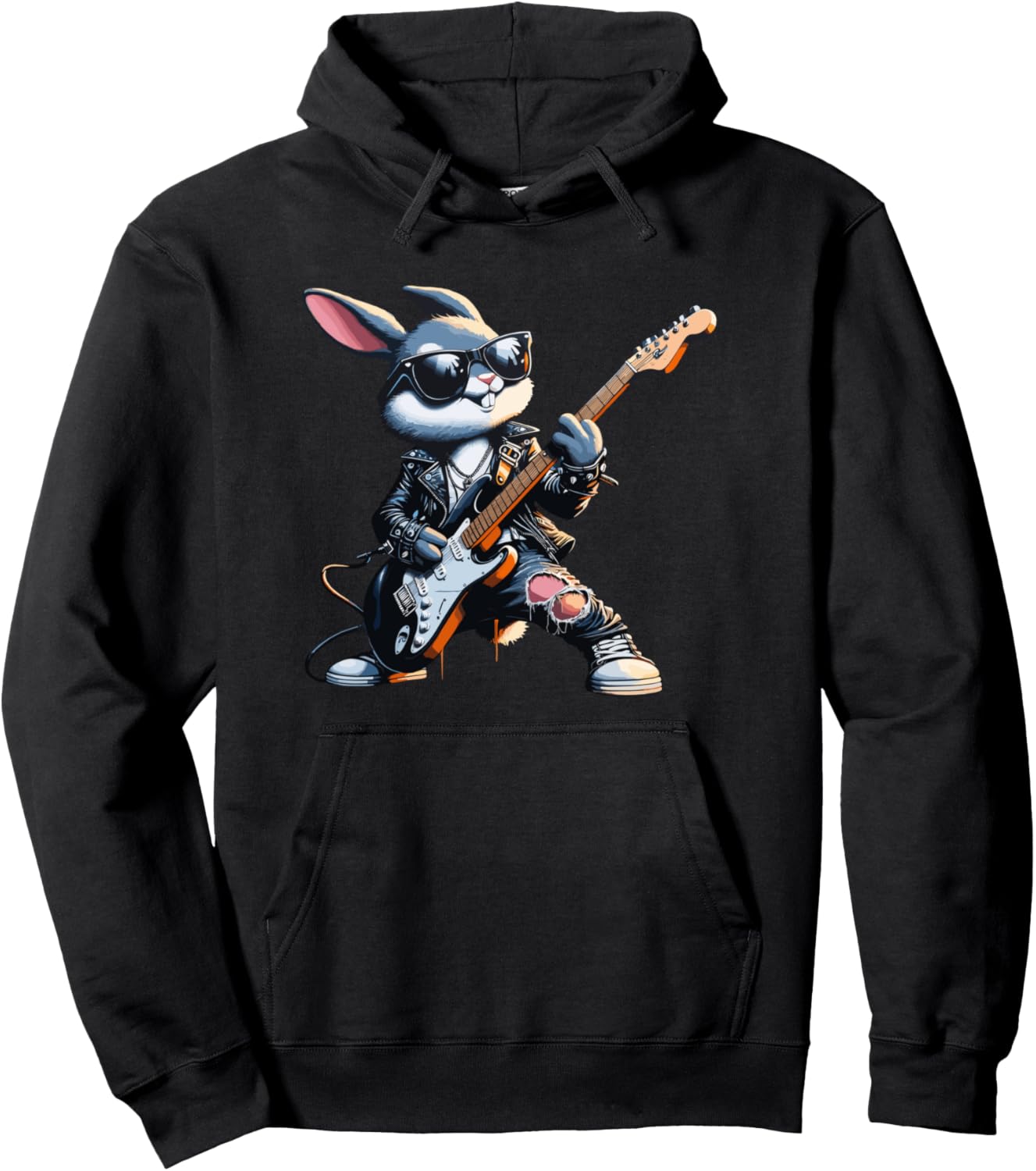 

Худи «Рокерский кролик» с электрогитарой для рок-пасхи Easter Day Funny Rocker Bunny - Dressedforduty, черный