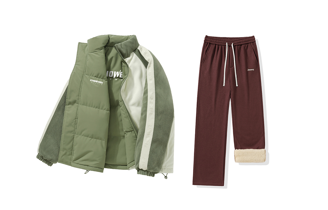 

KNOW EVERY Пуховик Unisex, Olive Green+Sherpa Waffle Knit Pants Burgundy
