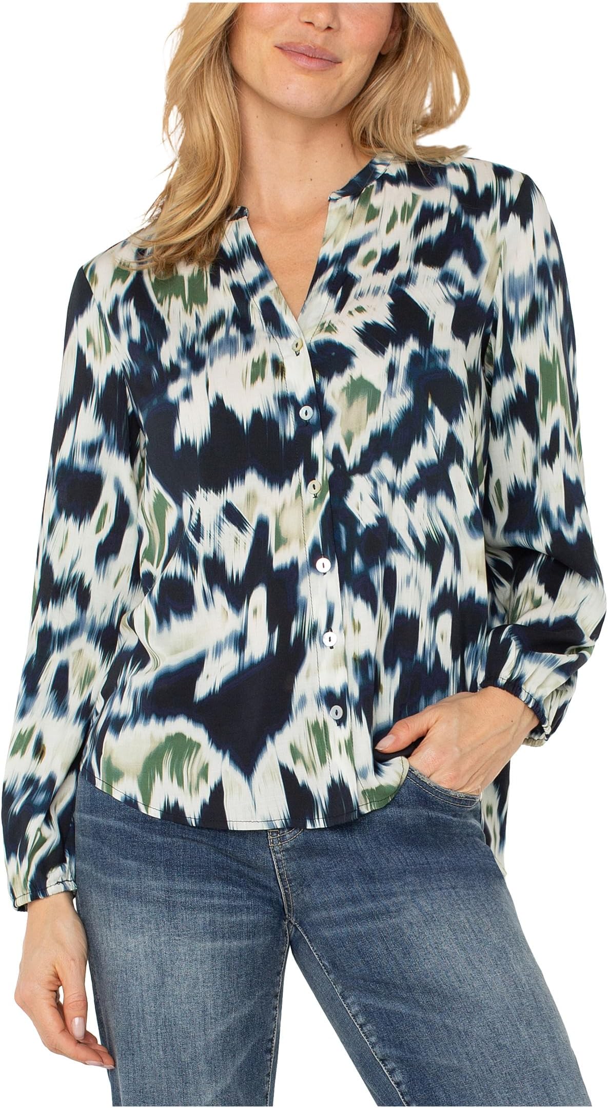 

Женская блузка с длинным рукавом, застегивающаяся на пуговицы спереди, с присборенным плетением Liverpool Los Angeles, Navy Multi Ikat