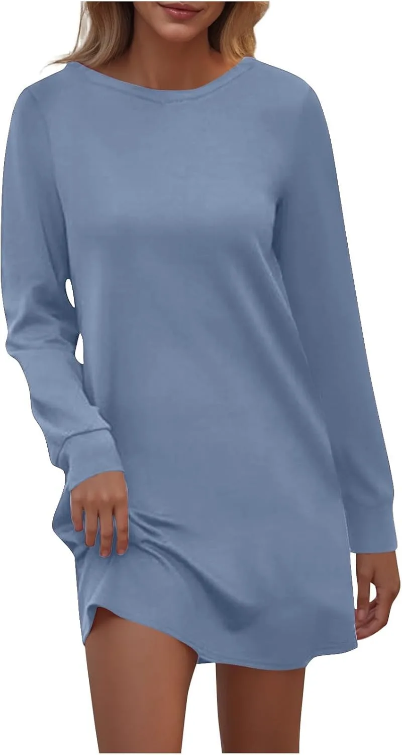 Осеннее платье для женщин Casual Sweatshirt Dress с круглым вырезом, длинным рукавом и карманами, силуэт A-Line, длина до колена, зимнее Generic, синий