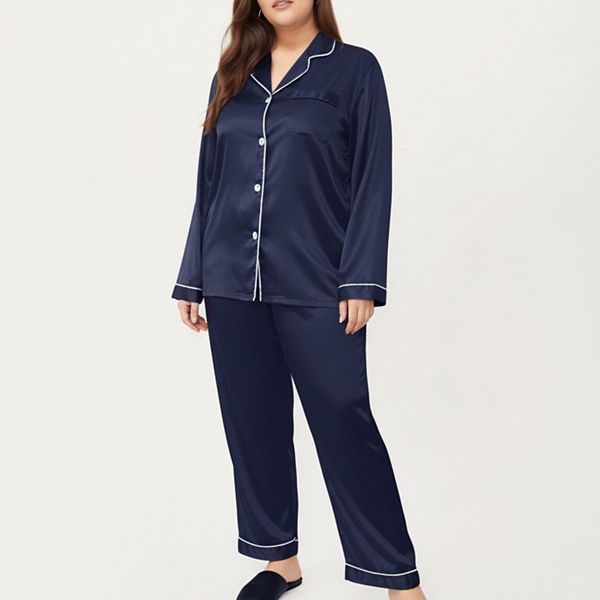 

Женский комплект пижамы из сатина plus size с топом на пуговицах и прямыми брюками Anna-Kaci, Navy