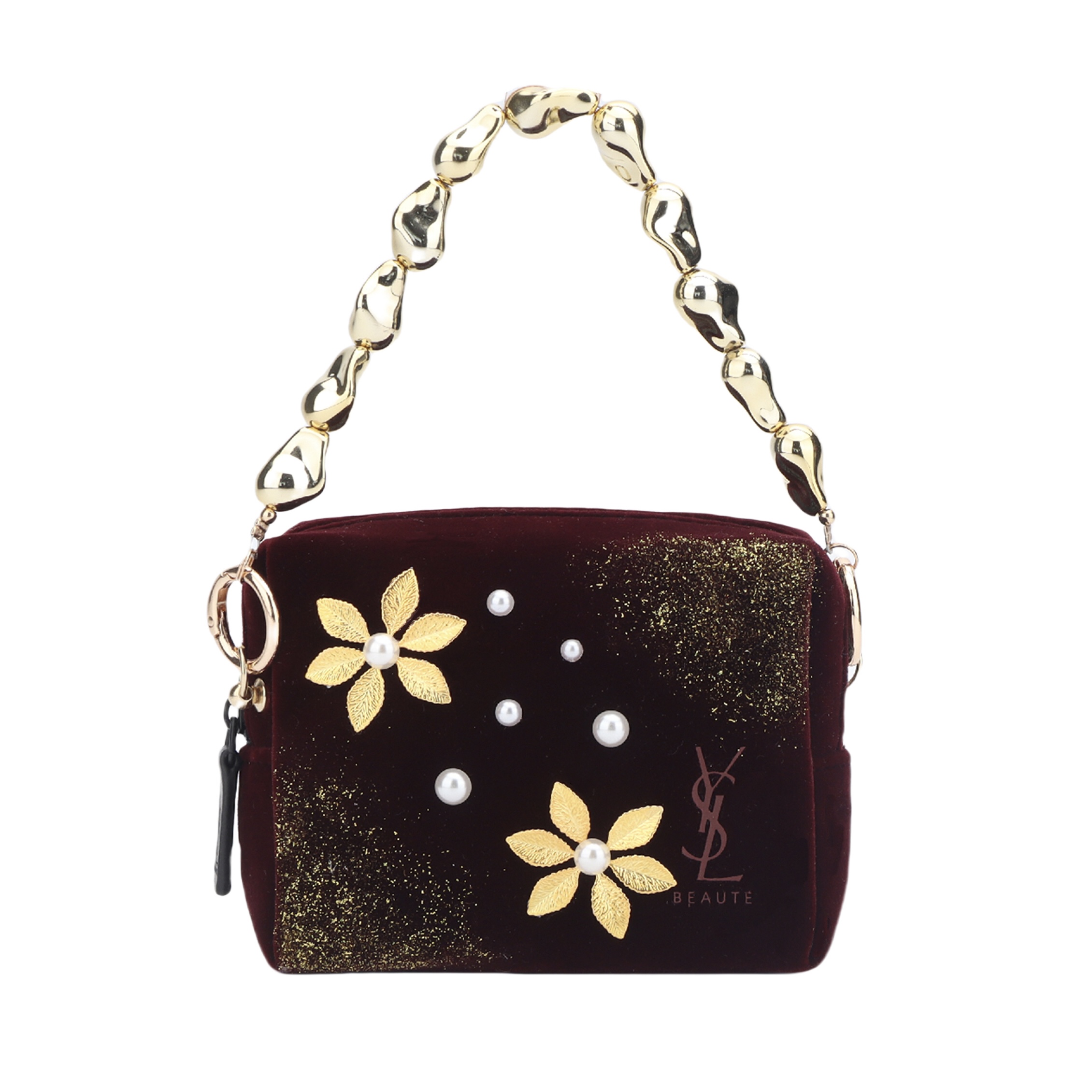 

SAINT LAURENT Индивидуальная косметичка Gilded Gossamer, декор из материала с 3D-эффектом, жемчужная отделка, роскошная бархатная сумочка цвета бордо