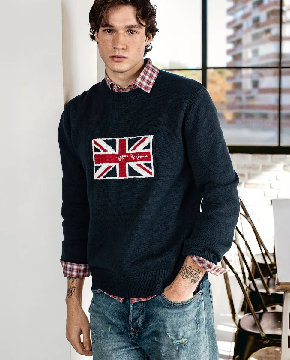 

Мужской свитер с круглым вырезом и вышивкой Union Jack Pepe Jeans, темно-синий