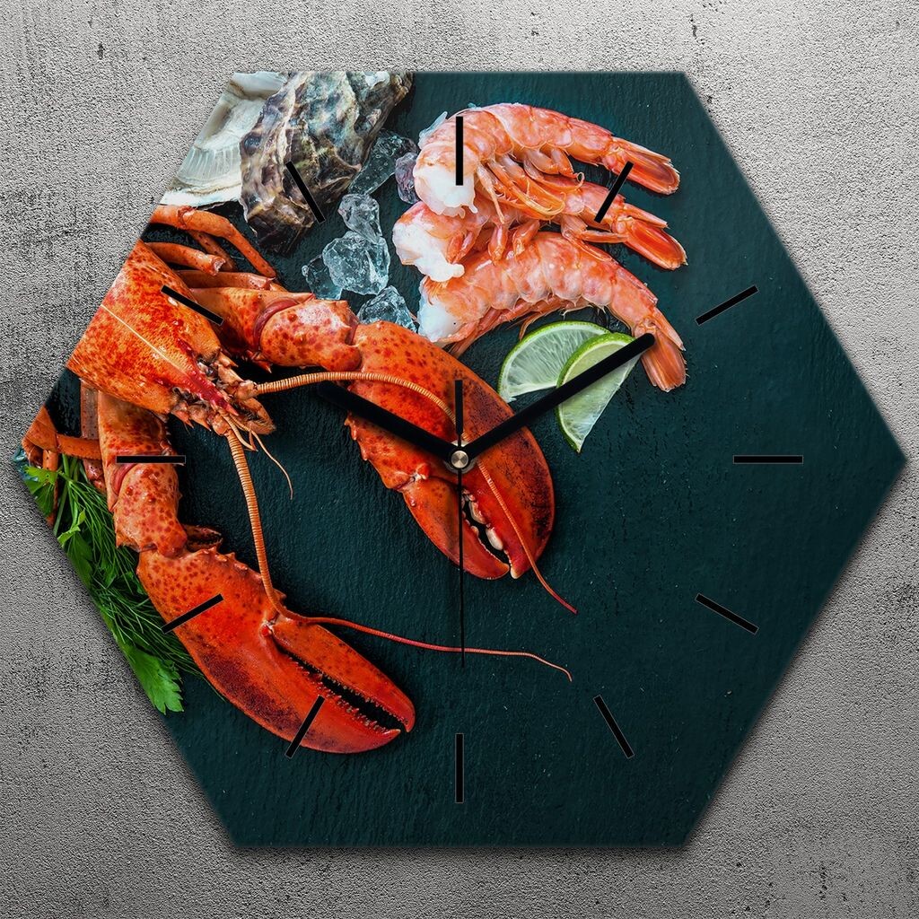 

Часы шестиугольные 40 см стекло бесшумные черные стрелки - тарелка с морепродуктами TastyPrints