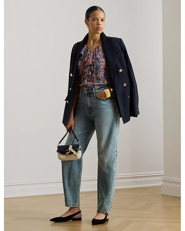 Блузка из жоржета с цветочным узором и оборками Ralph Lauren, Cream/Red/Blue — фото 2