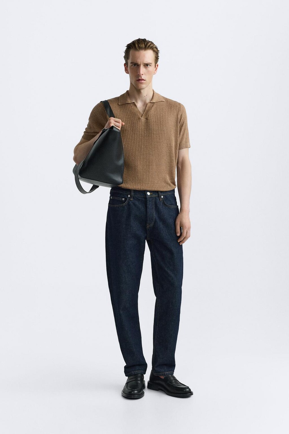 

Трикотажная рубашка-поло из льна и вискозы ZARA, кэмел