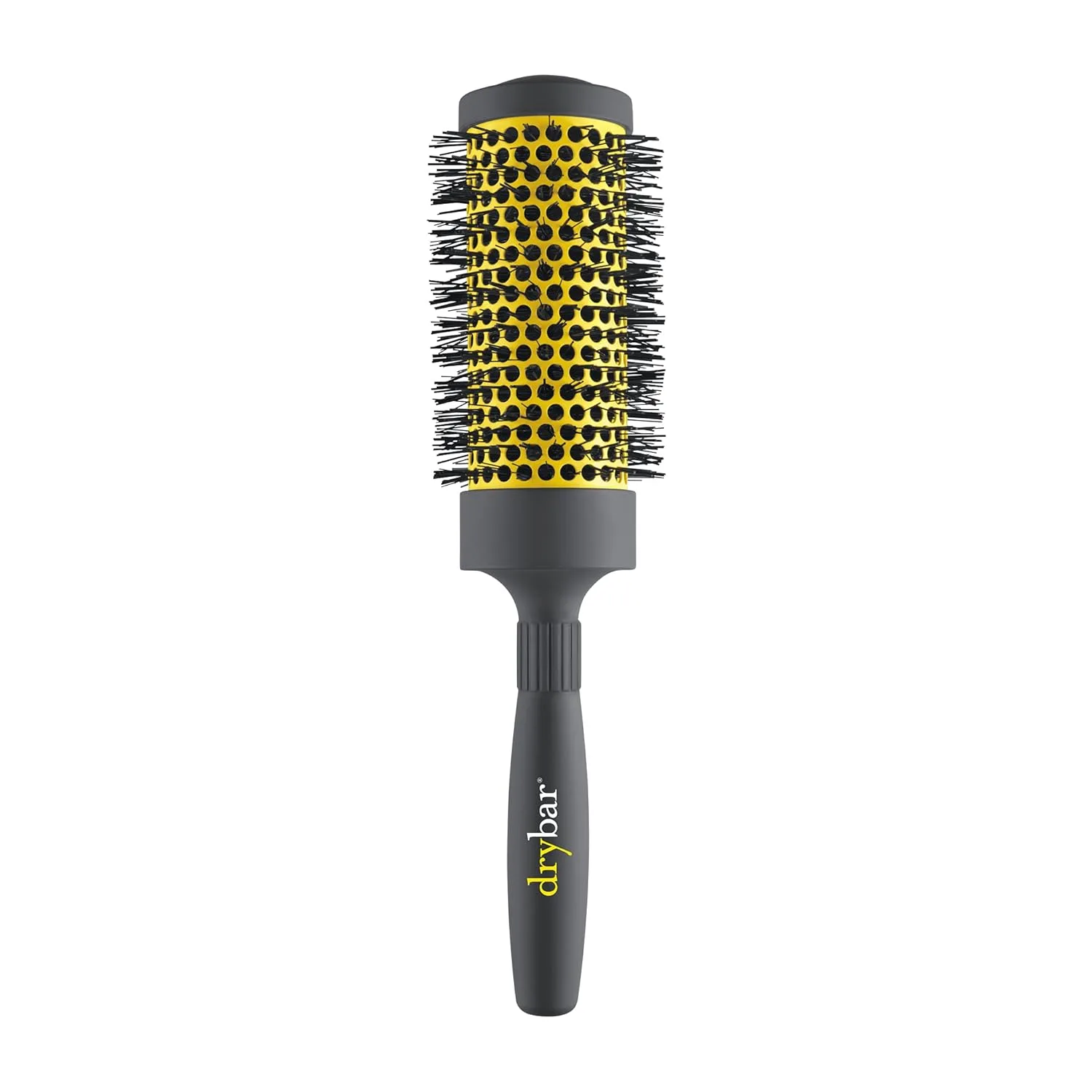 Круглая керамическая термощетка Drybar, доступна в 3 размерах для длительной фиксации объема и завивки. Средний, Grey and Yellow