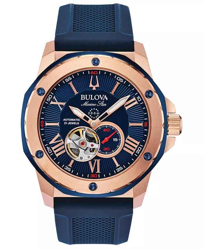 

Мужские автоматические часы Marine Star с синим силиконовым ремешком, 45 мм Bulova, синий