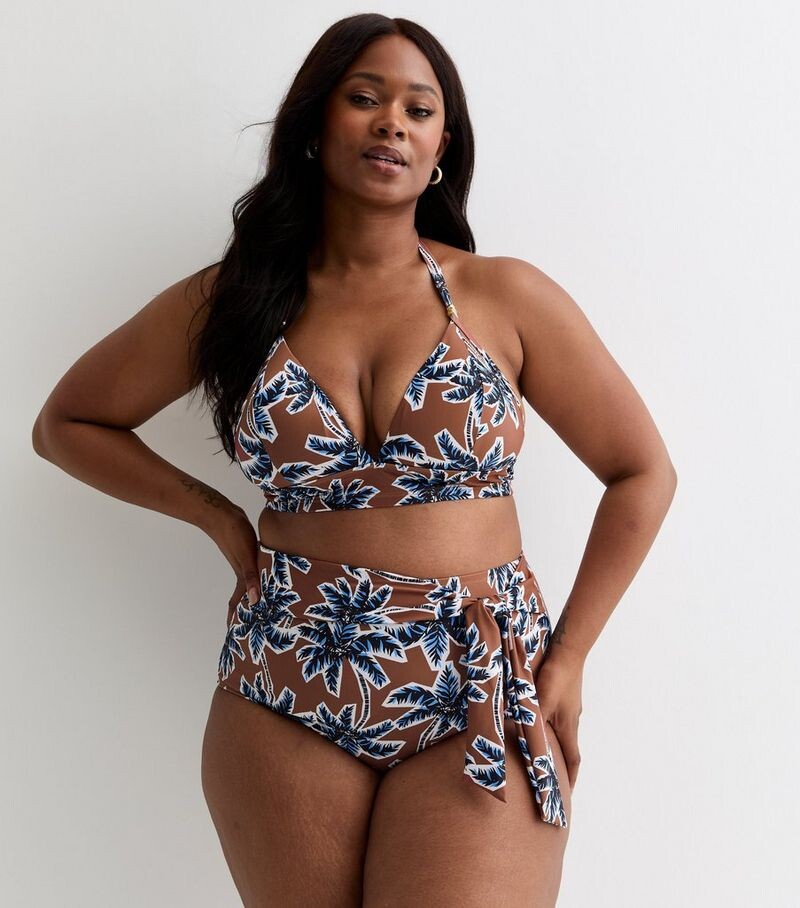 

Коричневые плавки бикини с высокой талией и принтом пальм Curves New Look, коричневый