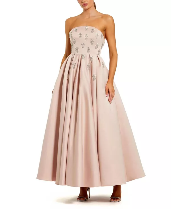 

Атласное платье А-силуэта без бретелей, украшенное кристаллами Mac Duggal, розовый