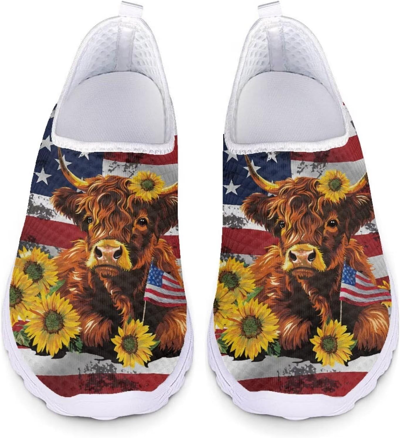 

Кеды Belidome Slip On Clipper для женщин и мужчин, повседневная комфортная обувь для ходьбы и бега, Highland Cow Us Flag