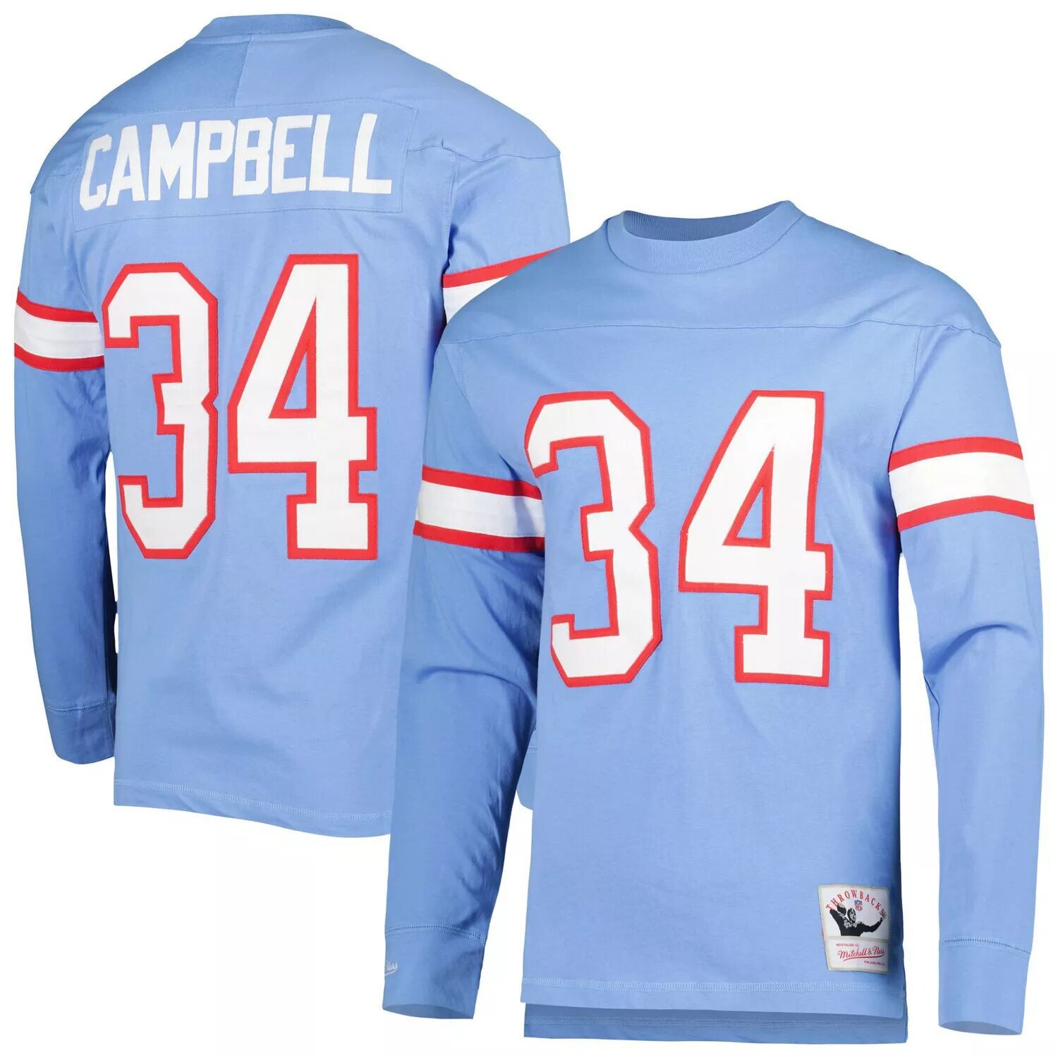 

Мужская голубая футболка Mitchell & Ness Earl Campbell с длинным рукавом «Хьюстон Ойлерз» с именем и номером вышедшего на пенсию игрока 1984 года, Синий, Мужская голубая футболка Mitchell & Ness Earl Campbell с длинным рукавом «Хьюстон Ойлерз» с именем и 