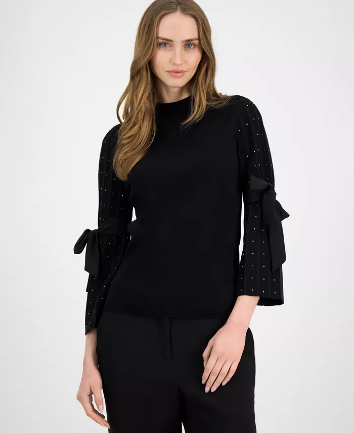 

Женский топ с декоративными бантами на рукавах и круглым вырезом Anne Klein, черный