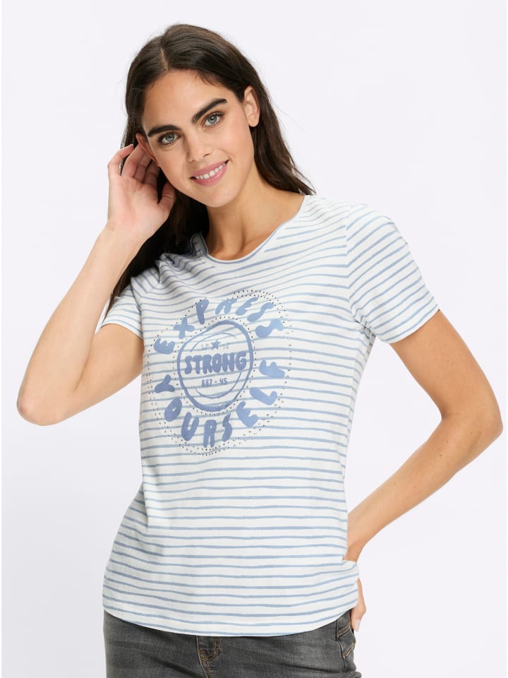 

Рубашка с круглым вырезом в полоску цвета экрю и льдисто-голубого цвета Heine