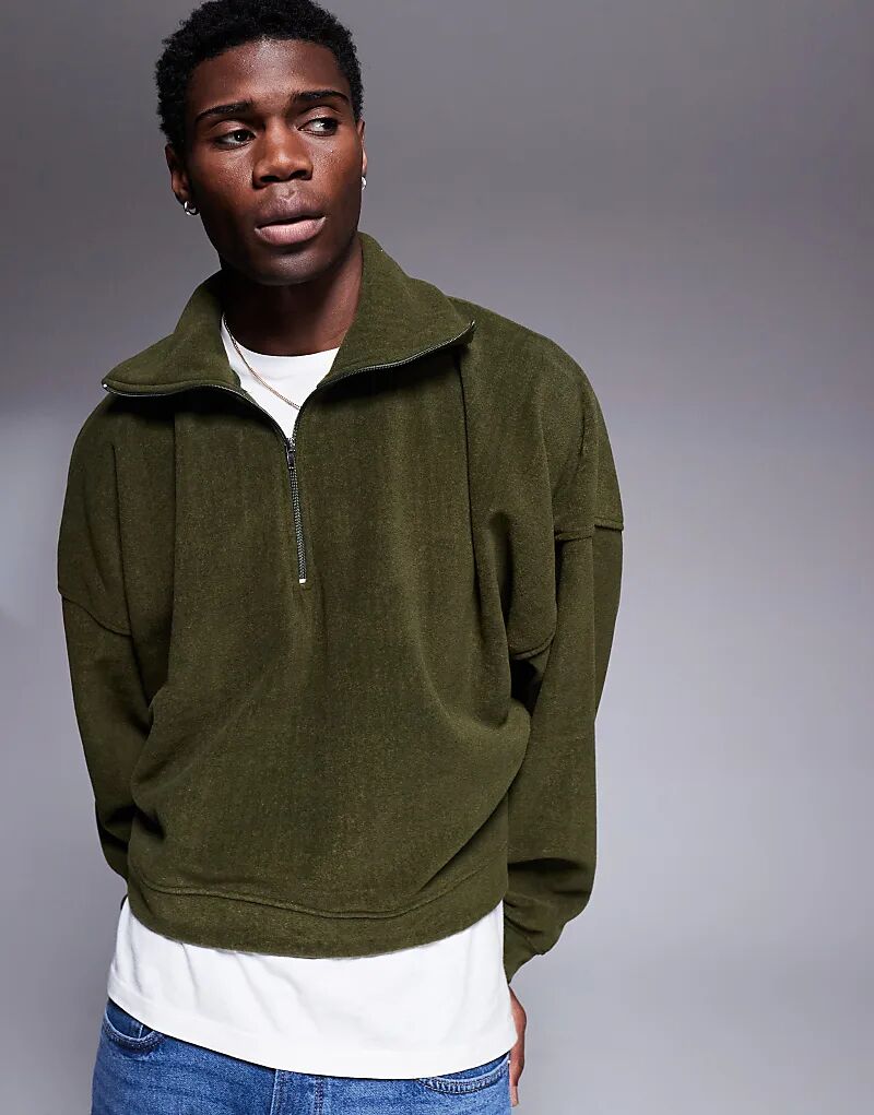 

Укороченный джемпер ASOS DESIGN оверсайз с молнией на половину горловины из флиса цвета хаки