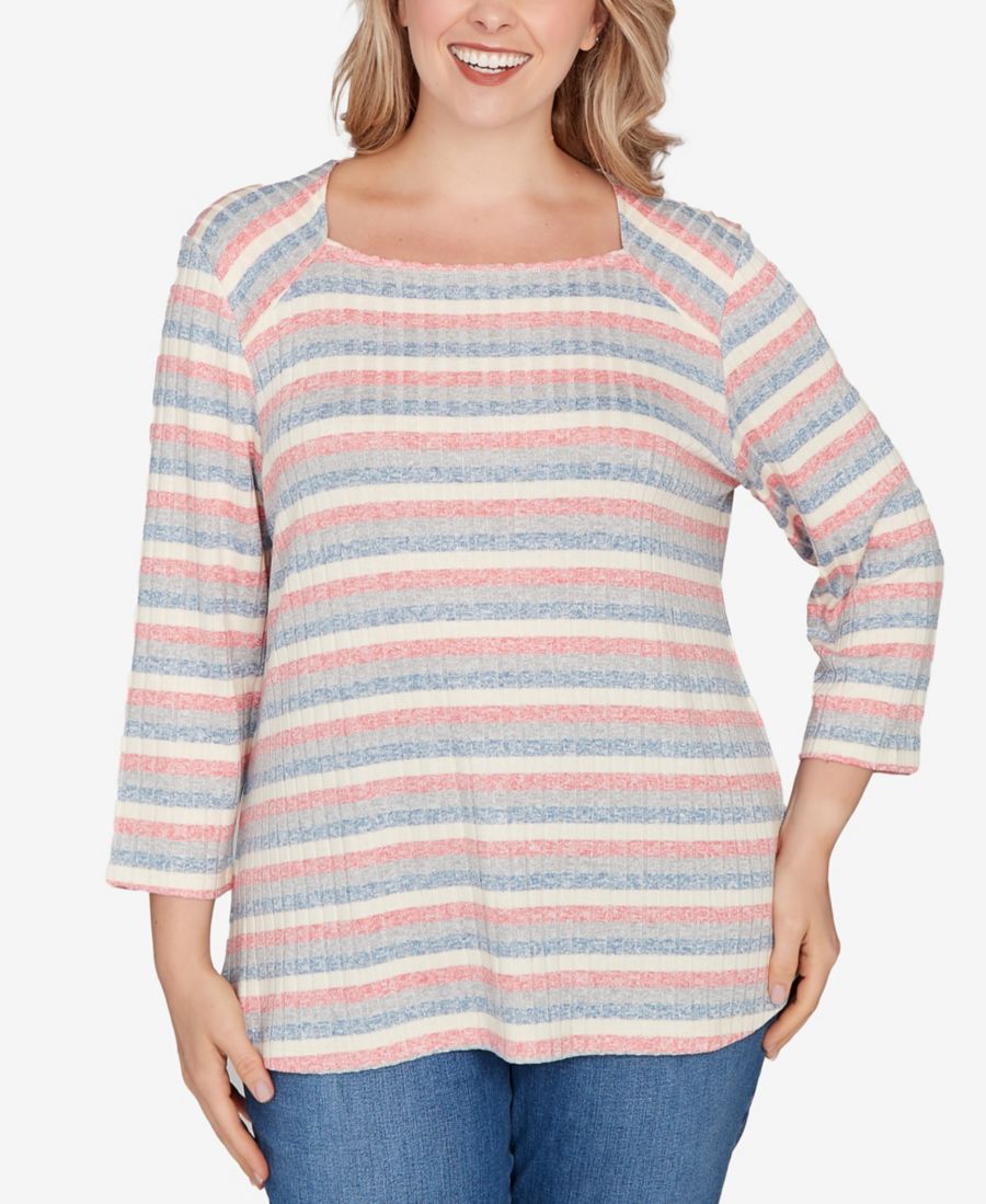 

Вязаный топ больших размеров в меланжевую полоску с воротником-конвертом и ребристой отделкой Ruby Rd, Bright Coral Multi