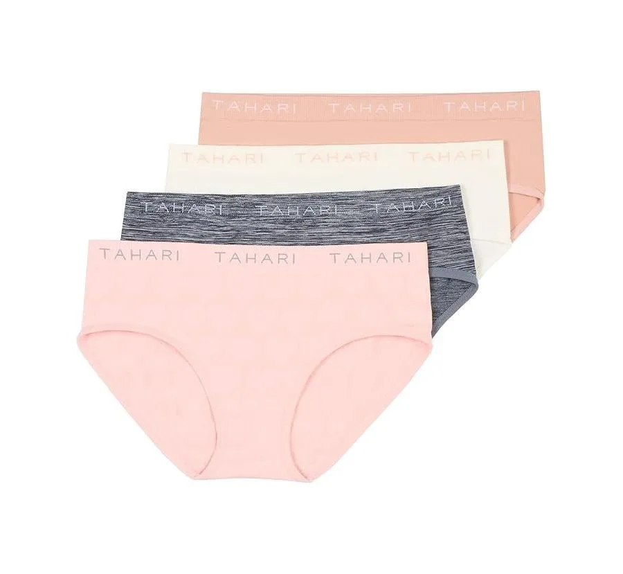 Комплект из 4 бесшовных однотонных трусиков-хипстеров с поясом с логотипом Tahari, blush nude, айвори, charcoal, розовый