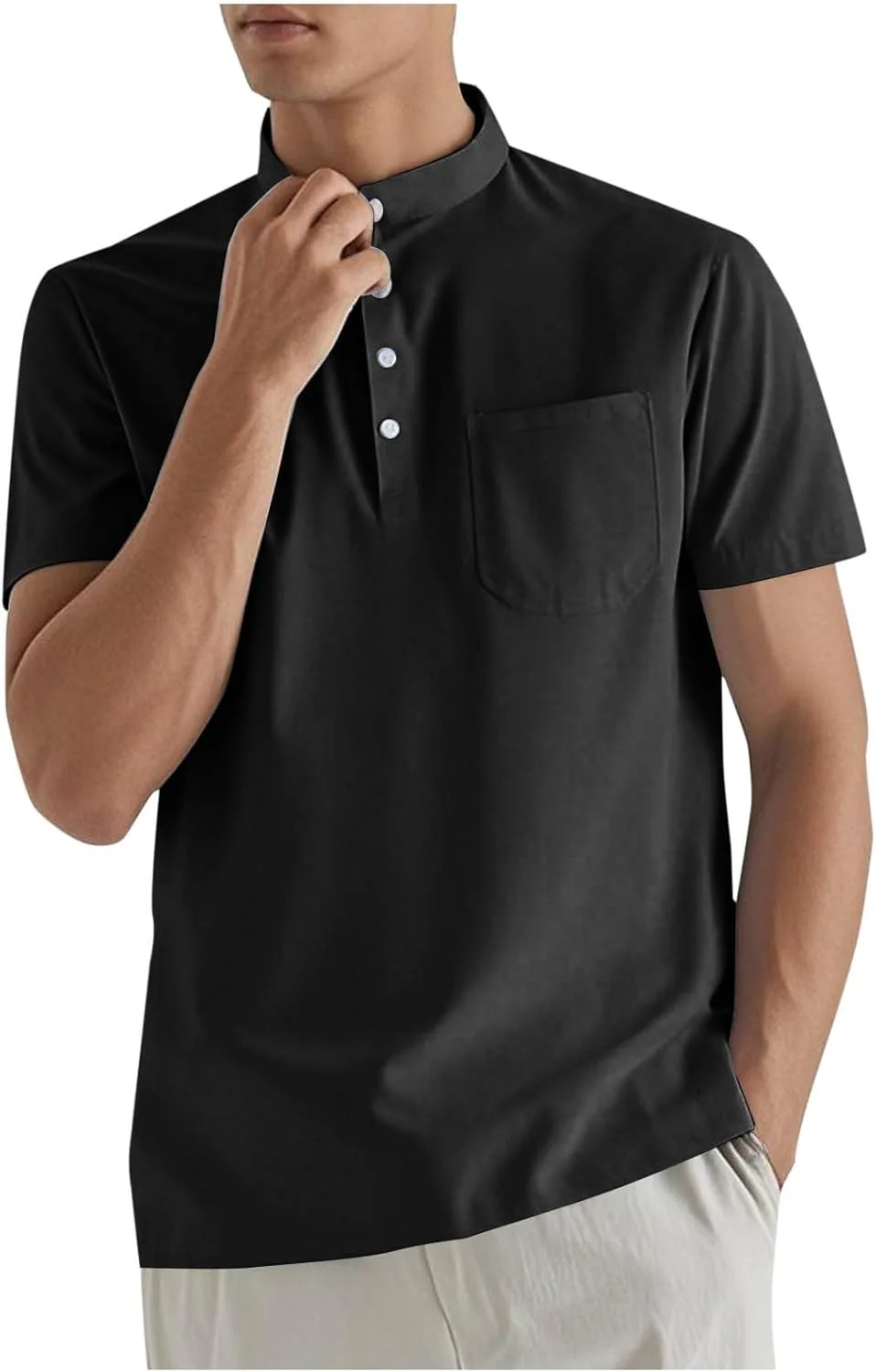 

Мужская хлопковая льняная рубашка-поло с коротким рукавом и нагрудным карманом