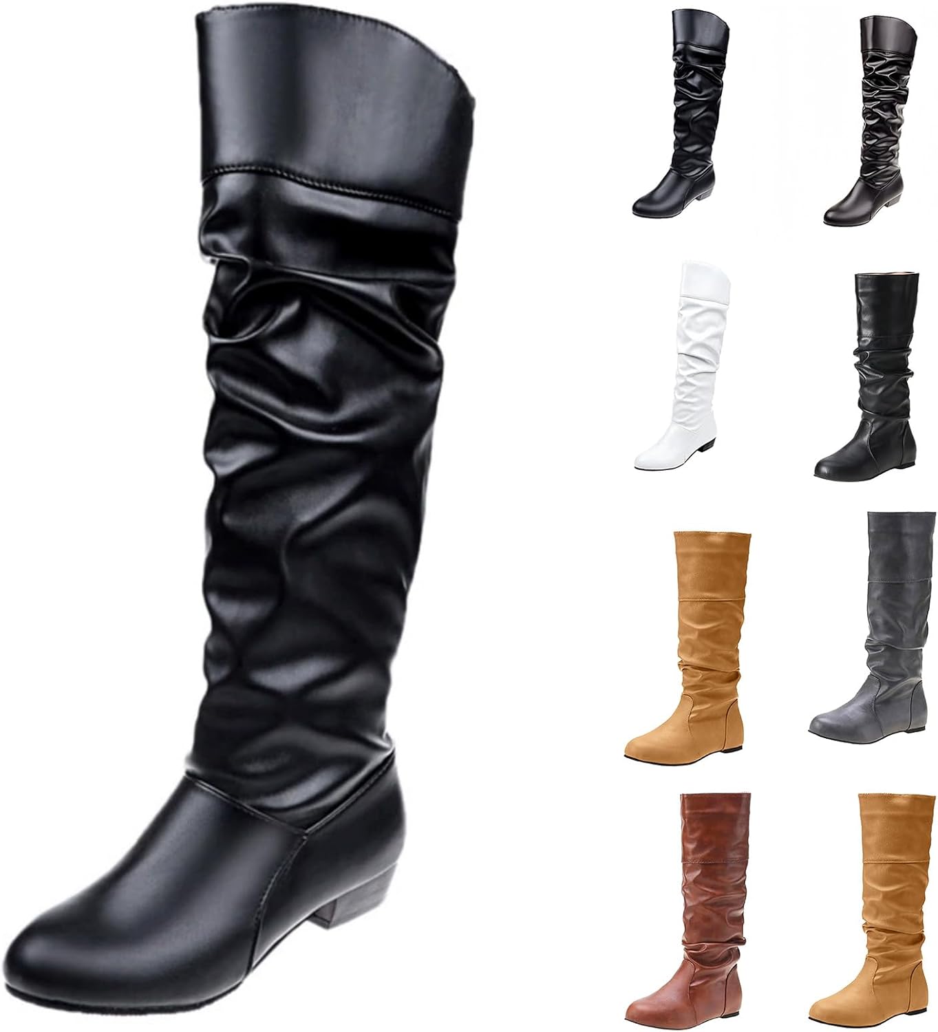 Женские свободные ботфорты до колена из искусственной кожи, средние голенища, сборка, круглый носок, низкий каблук, на молнии, плоские удобные ботинки для езды, боевые ботиночки Baxtayel, Multicolor 01 — фото 4
