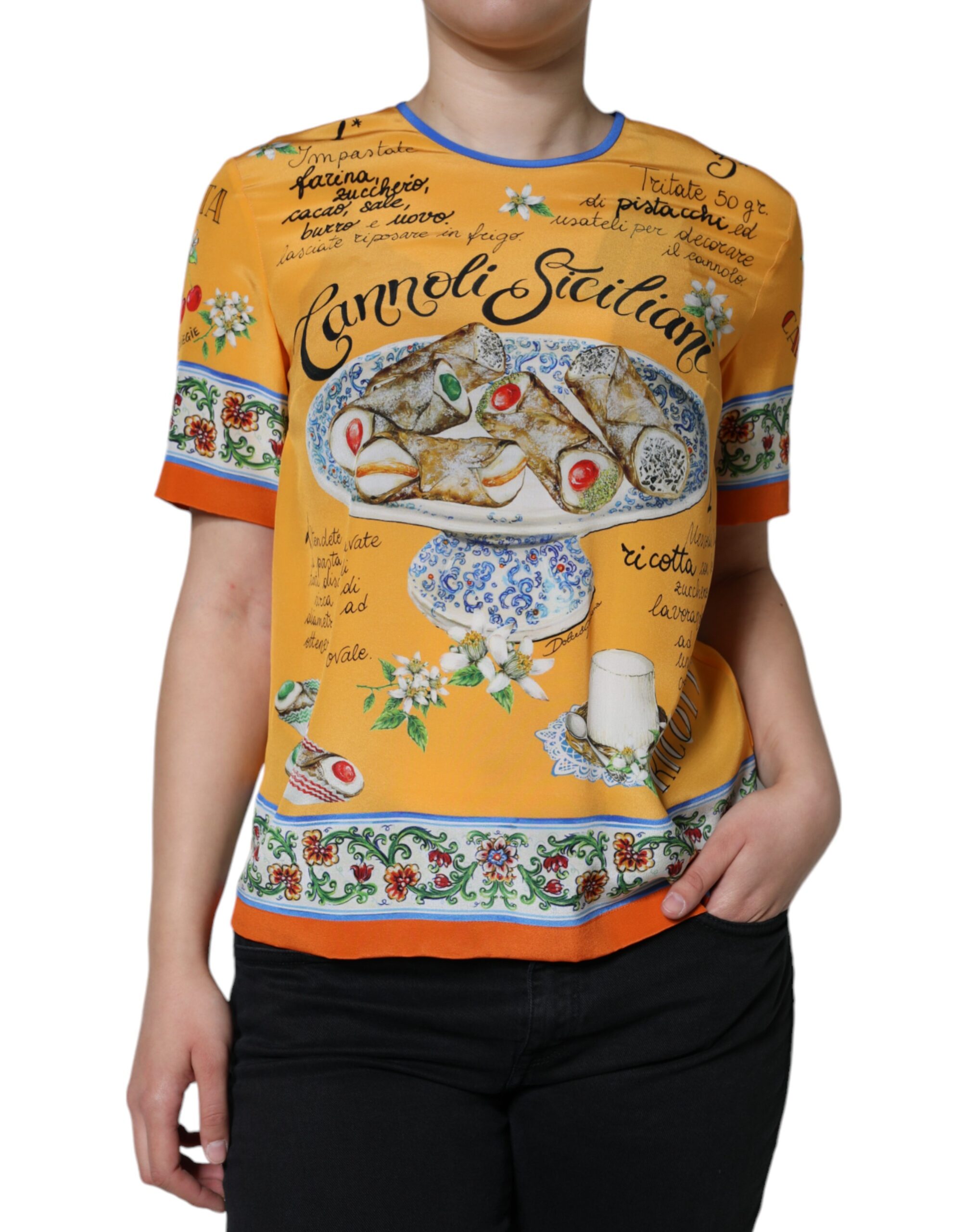

Оранжевый шелковый топ с принтом Cannoli Siciliana с короткими рукавами Dolce & Gabbana