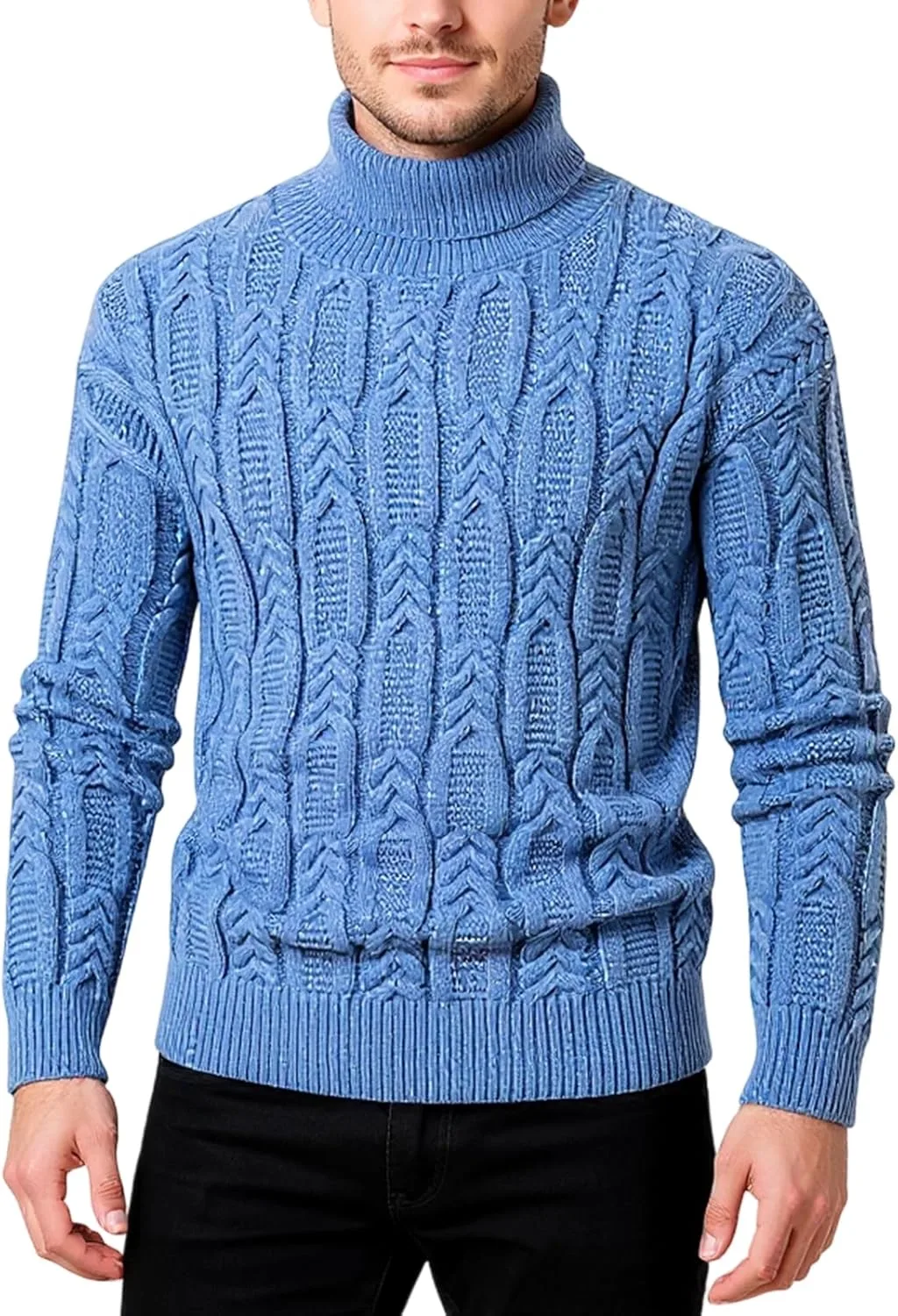 

Мужской свитер с воротником-стойкой и узором вязки