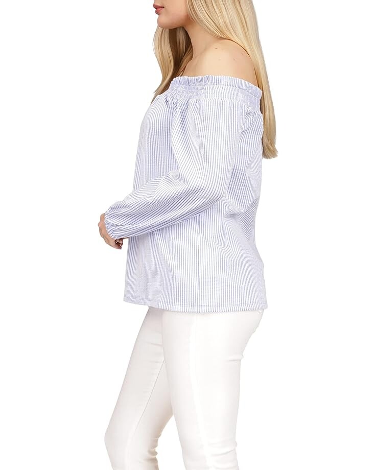 

Топ Michael Kors Pinstripe Jacquard Off Shoulder Top, цвет Crew Blue