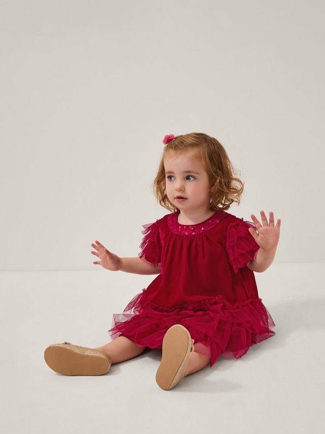 

Платье для вечеринки Baby Alexandra с бархатными рюшами Monsoon, Red