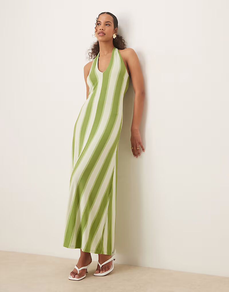 

Длинное платье ASOS DESIGN с бретелью через шею в зеленую полоску