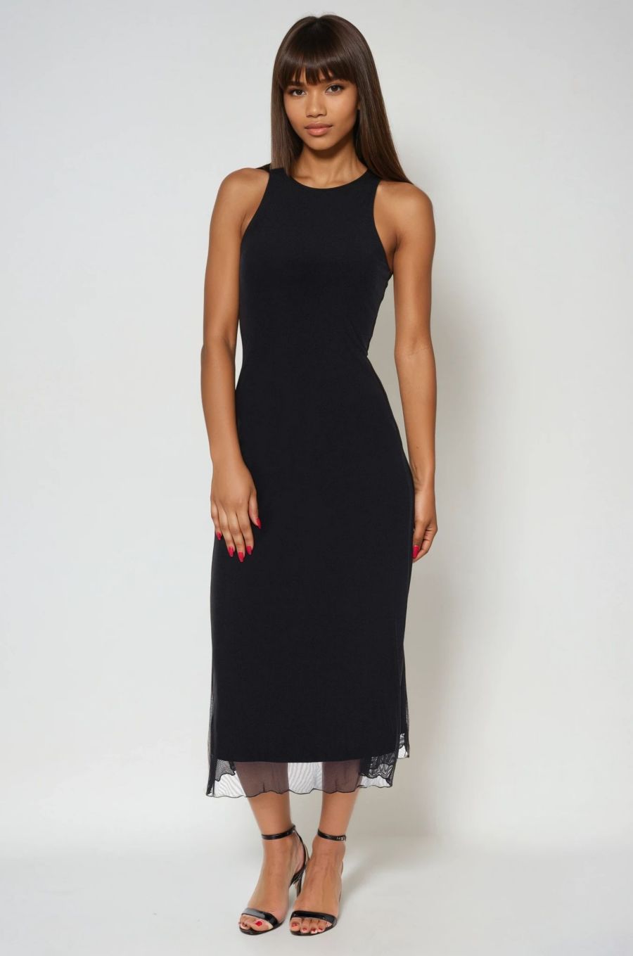 

Женское длинное платье А-силуэта из сетчатой ткани PowerMesh Bebe, Black