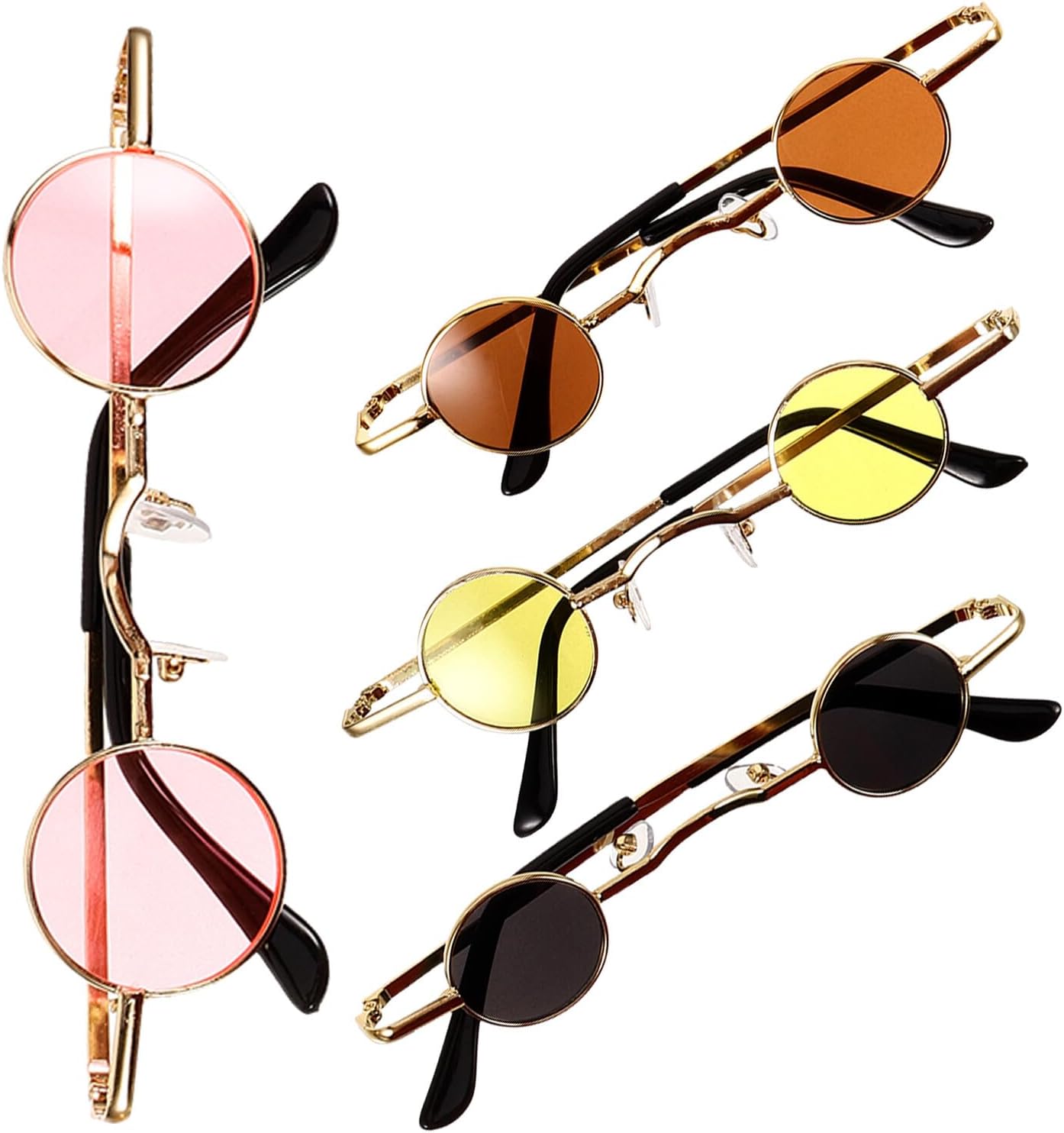 

Миниатюрные круглые металлические солнцезащитные очки LIOOBO, ретро-винтажные, комплект из 4 шт (золотая оправа, линзы: черные, розовые, желтые, коричневые), для отдыха и повседневного использования