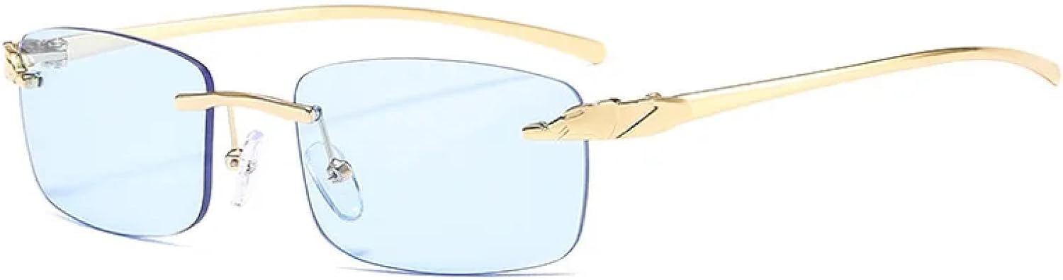 

Винтажные уникальные солнцезащитные очки без оправы прямоугольной формы с принтом гепарда для женщин, конфетные цвета, прозрачные линзы для мужчин AHSGDVC, Golden Blue